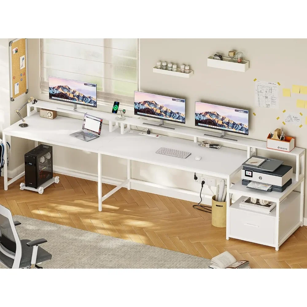 White L Shaped Gaming Desk66Home Office Desk with File Drawer, Power Outlet and Led Lights, Corner Computer Desk 48Dx66.9Wx34.6H