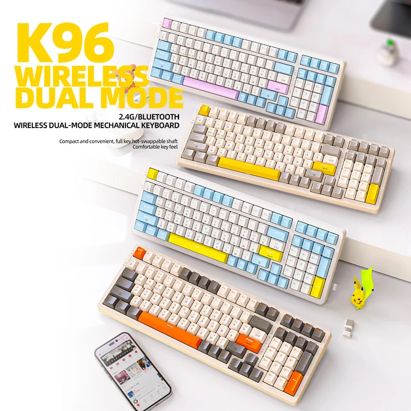 

2023 New K96 Gaming Mechanical Keyboard 2.4G Wireless/5.0 BT Red Switch 100 Key Hot Swap Rechargeable Gamer Keyboard PBT Keycaps