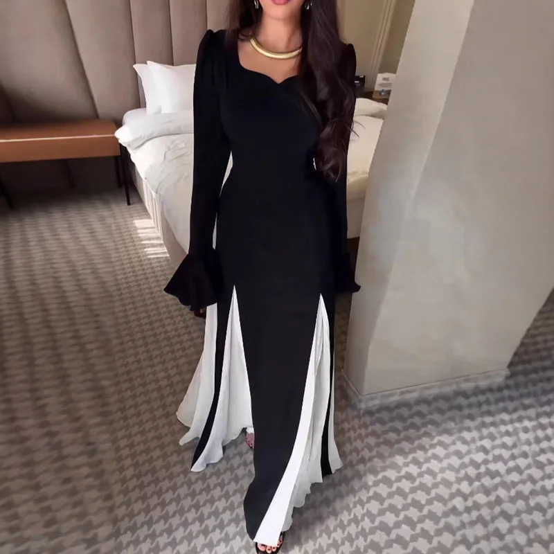 

Женские контрастные лоскутные свободные длинные платья Сексуальное вечернее платье трапециевидной формы с круглым вырезом и высокой талией Осеннее тонкое платье макси на молнии с длинными рукавами