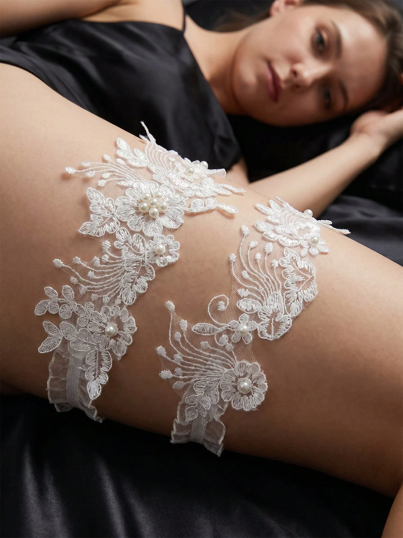 Bridal Lace Leg Garter Pearl Flower Embroidered Elastic Thigh Band White Wedding Leg Ring Sheer …Romantic Bridal Lingerie Access