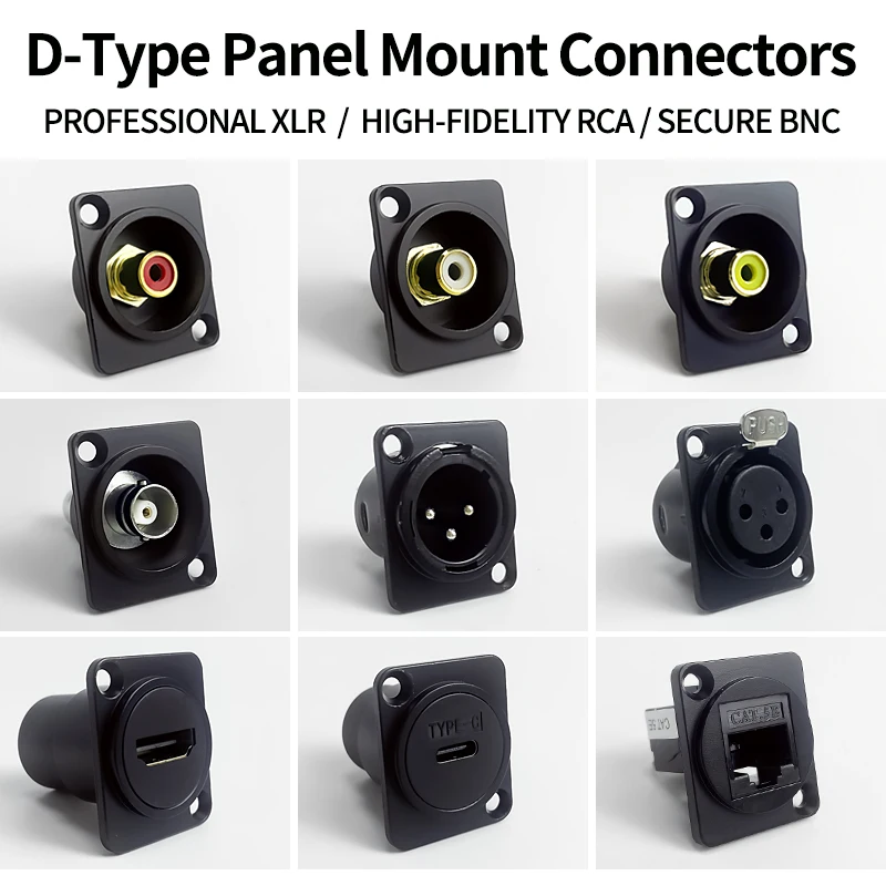 Industrial Grade D-Mount Connector Kit – XLR Mic, RCA Line, BNC Video Jacks with Metal Flange for Studio & Stage Use