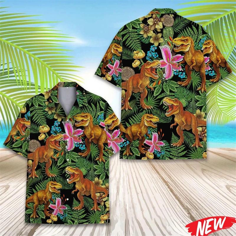 

Fashion Dinosaur Pattern Hawaiian Shirt Men 3d Printed Dino Button Down Shirts Beach Party Short Sleeve Summer Vacation Blouse