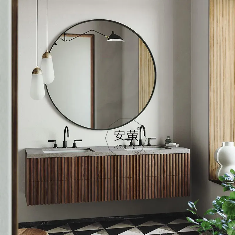 Japanese Log Color Bathroom Cabinet Solid Wood Custom Hand and Face Basin Combination Hotel Wind Bathroom Wall-mounted Washstand