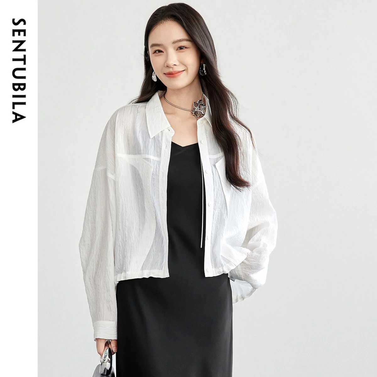 

SENTUBILA Spring White Shirt Women 2025 New Office Lady Loose Fit Casual Long Sleeve Single Breasted Cropped Blouses 151W57895