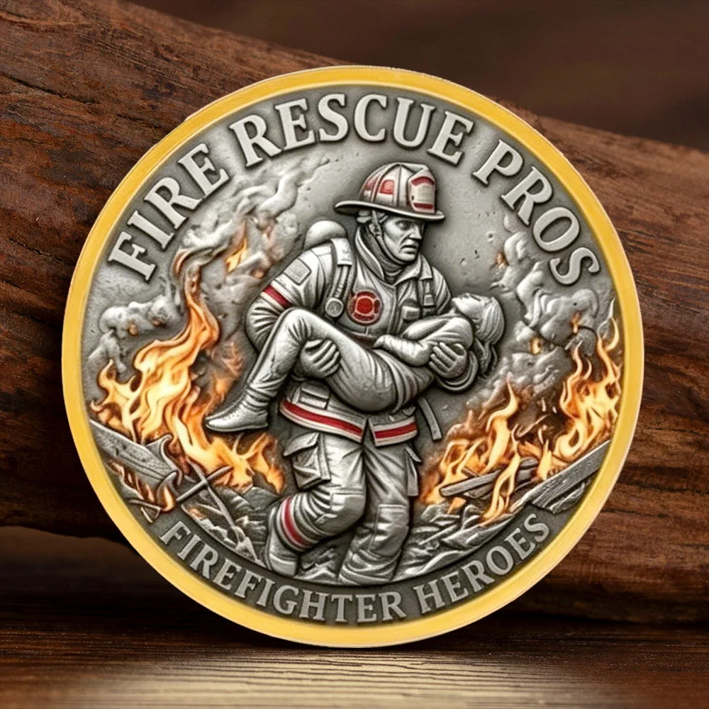 Vintage 2D Firefighter Hero Challenge Coin Fire Rescue Saving Life Fire Truck Gold Plated Commemorative Coin Fireman Gift