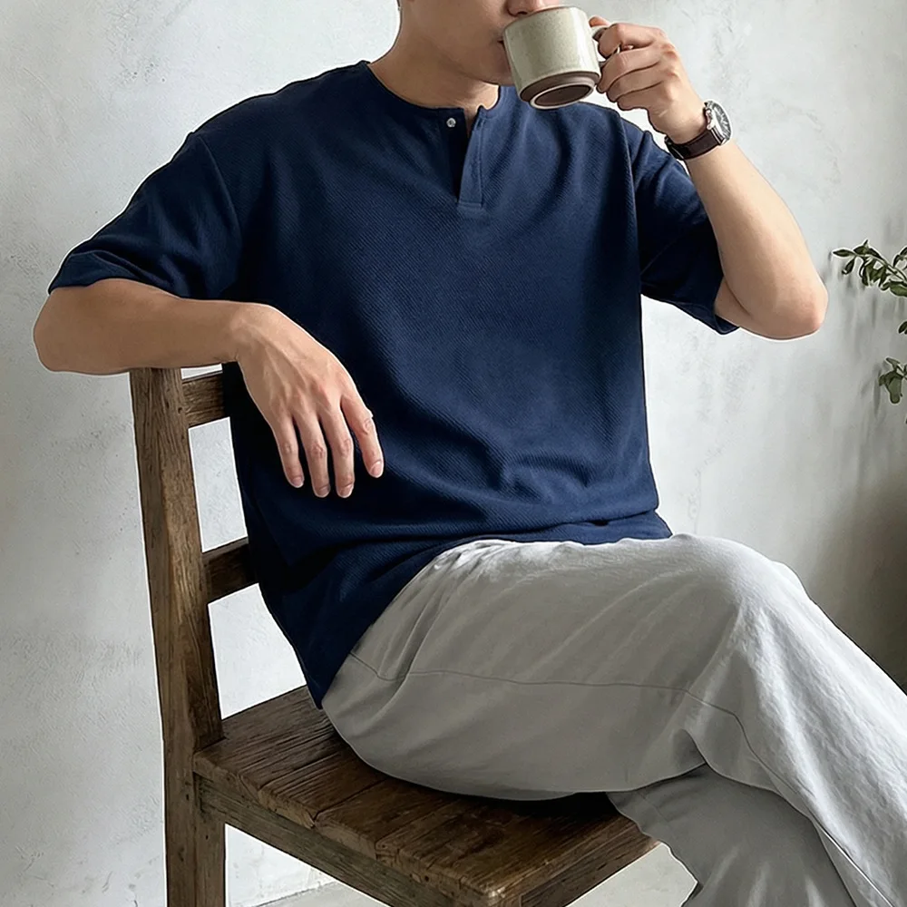 Short Sleeve T-Shirt Men's Henry Collar 180g Open Twill Cotton 2026 Summer New Half Sleeve