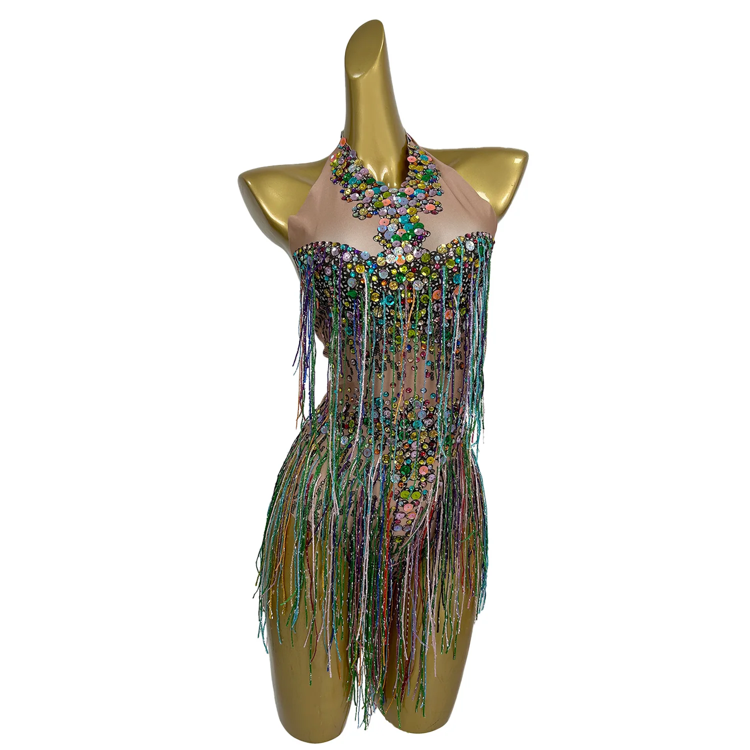 

2024 New Women Sleeveless Colored Tassel Short Skirt Sexy Backless Mini Skirt Nightclub Club Pole Dance Performance Costume wcbf