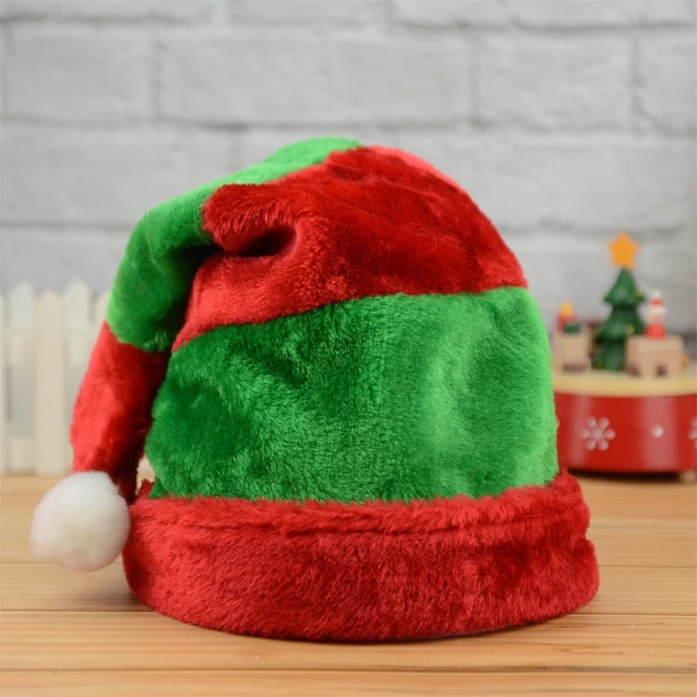 

Christmas Plush Red Green Strip Curved Hat Adult Unisex Xmas Carnival Themed Party Santa Claus Elf Cap Decoration Accessories