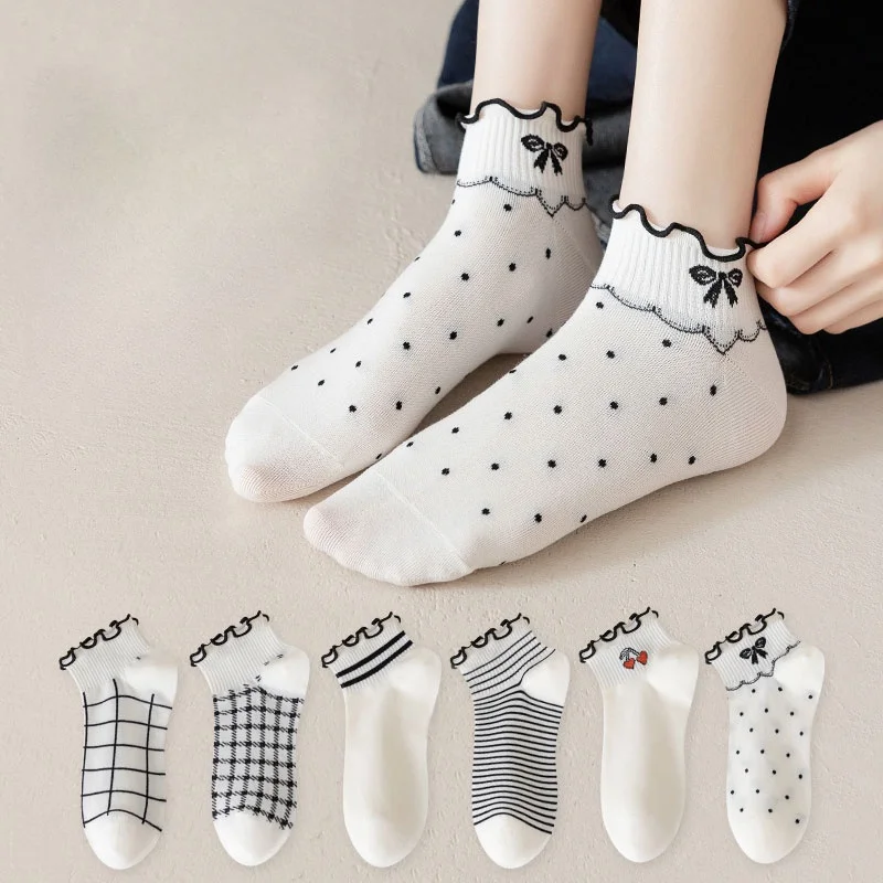 Jk Sweet Student Bow Dot Ruffled Polyester Short Socks Versatile Striped Cherry Women's Shallow-mouth Sock Spring Summer Lovely