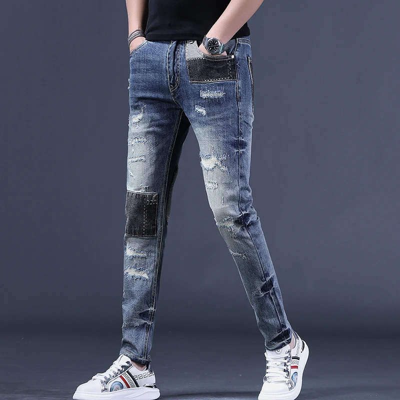 Summer Blue Ripped Patchwork Jeans Men Casual Slim Fit Straight Pants Streetwear Denim Trousers