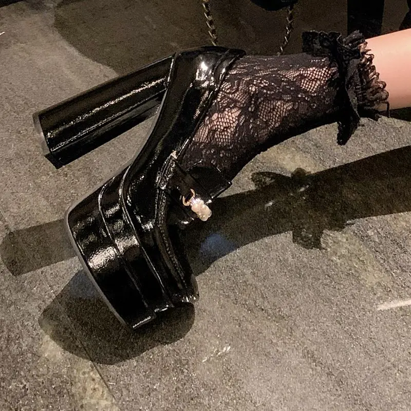 SIMLOVEYO 2025 Sexy Female Pumps Square Toe Block High Heels Double Platform Slip On String Beads Plus Size 44 45 Fashion Shoes