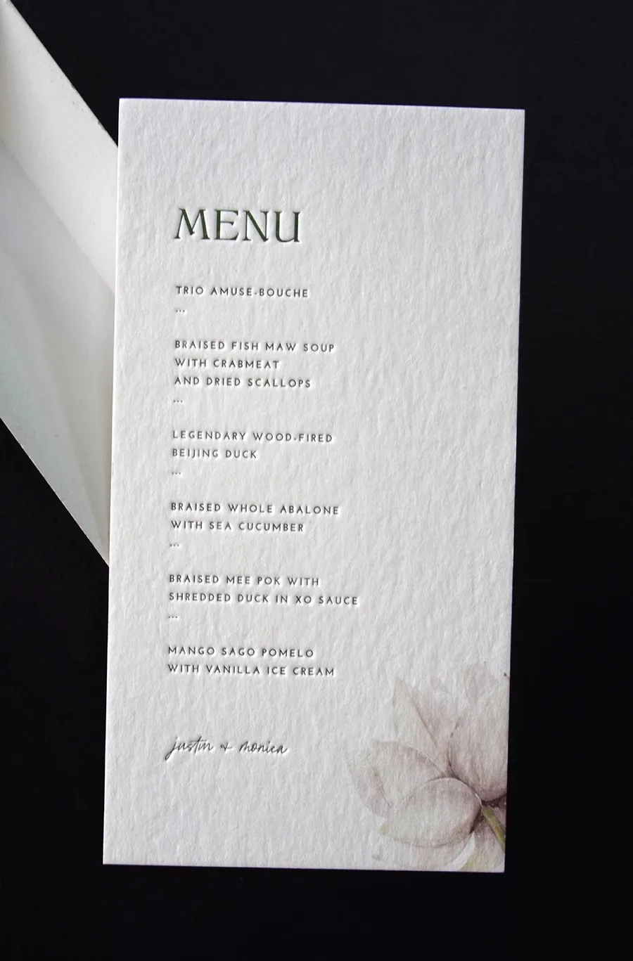 

450gsm Cotton Paper Upscale Wedding Menu Letterpress Table Cards Dinner Plate Cards Customized Design