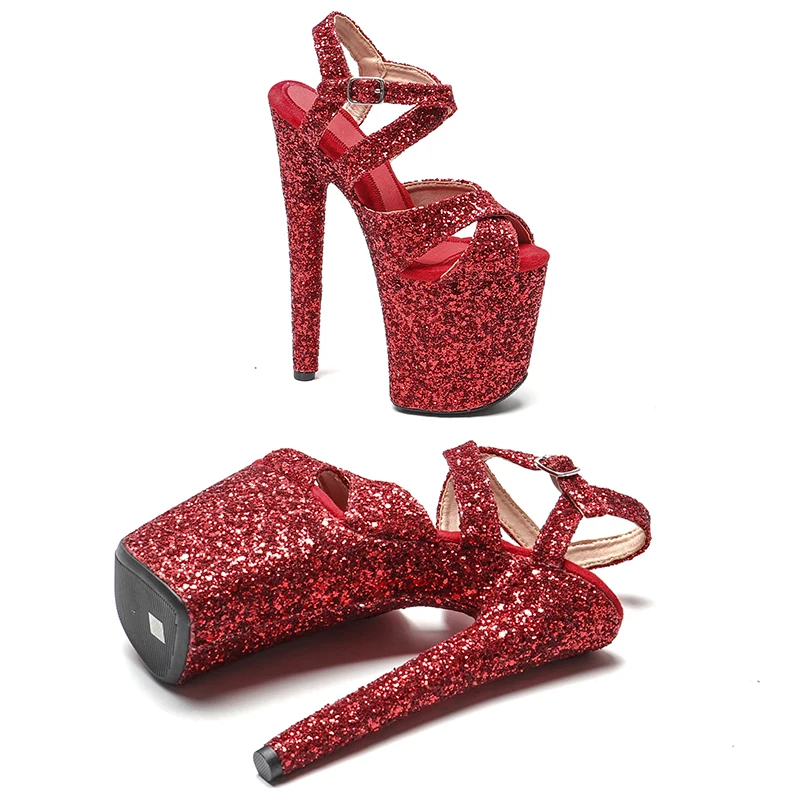 Leecabe New designs 20cm/8inch Glitter Upper   RED Color pole dance sandals lady shoe high heel platform shoes