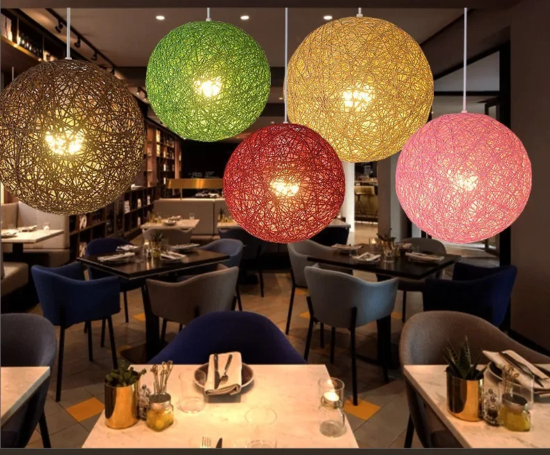 

Modern Pendant Light Creative Personalized Art Chandelier Restaurant Bar Countryside Colorful Round Ball Hemp Rope Lamps