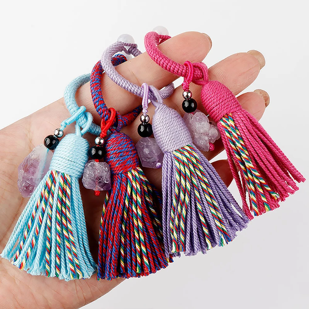 Natural Amethyst Stone Bohemia Charms Colorful Tassels Keychain Healing Crystals DIY Pendant Handbag Hanging Accessories Gift