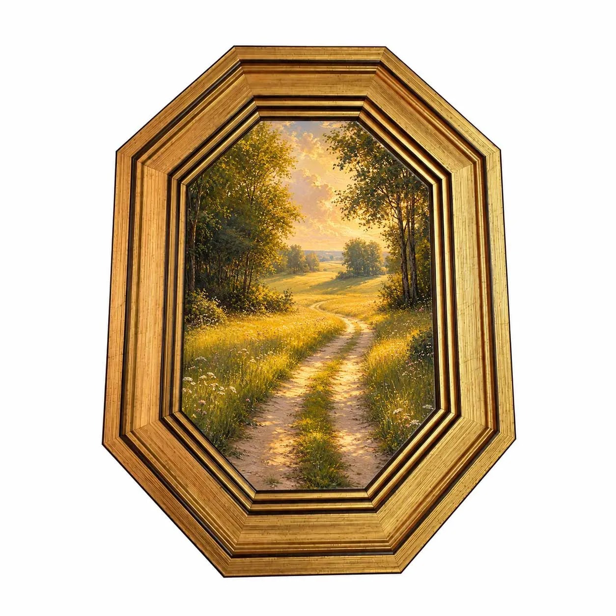 Vintage Octagon Gold Frame Four Season Landscape Painting, Dual Use Tabletop Hanging Rustic Nature Scenery Wall Decor