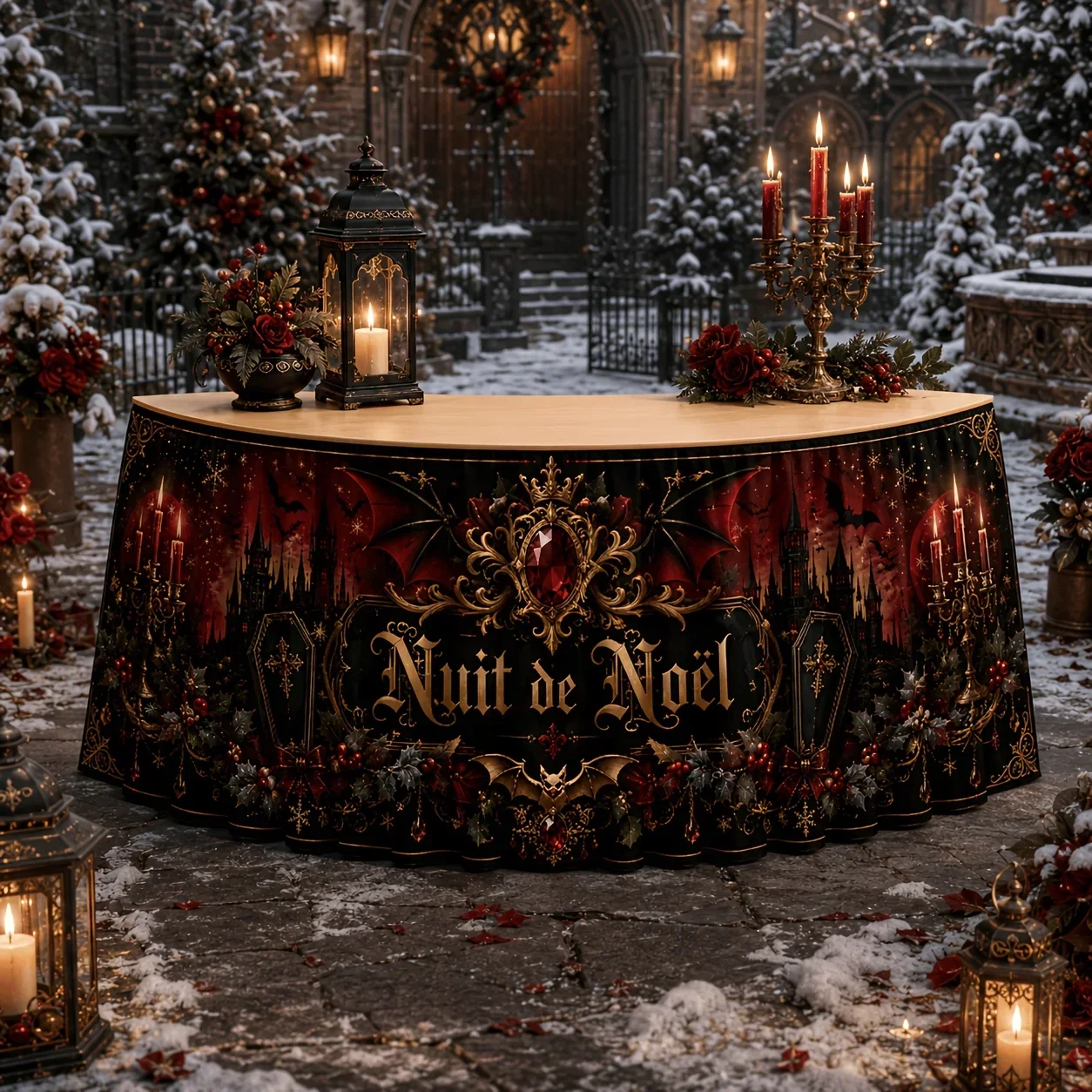 Party table skirt 1 piece  Christmas Eve Gothic style table cover  Vampiric castle, bats, coffins, red candles, winterxzj
