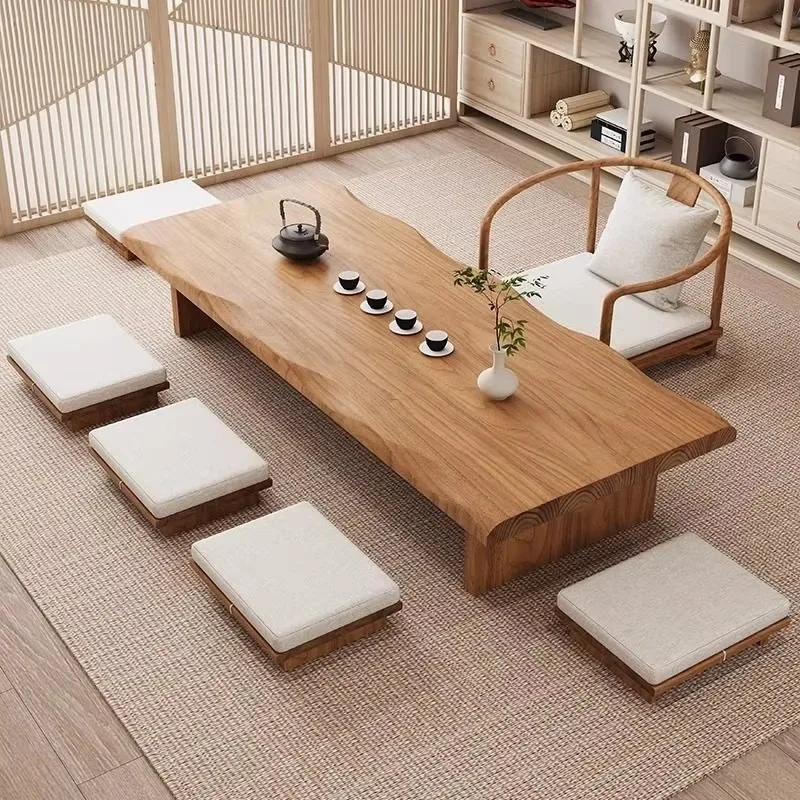 

Solid wood Japanese modern living room coffee table and chair combination with storage space