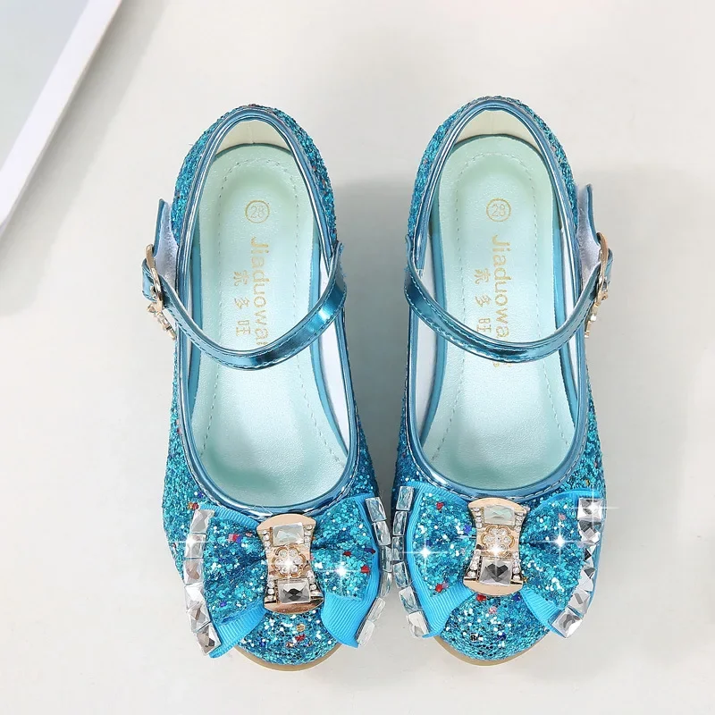 2026 Princess Kids Leather Shoes for Girls Flower Casual Glitter Children High Heel Girls Shoes Butterfly Knot Blue Pink Silver