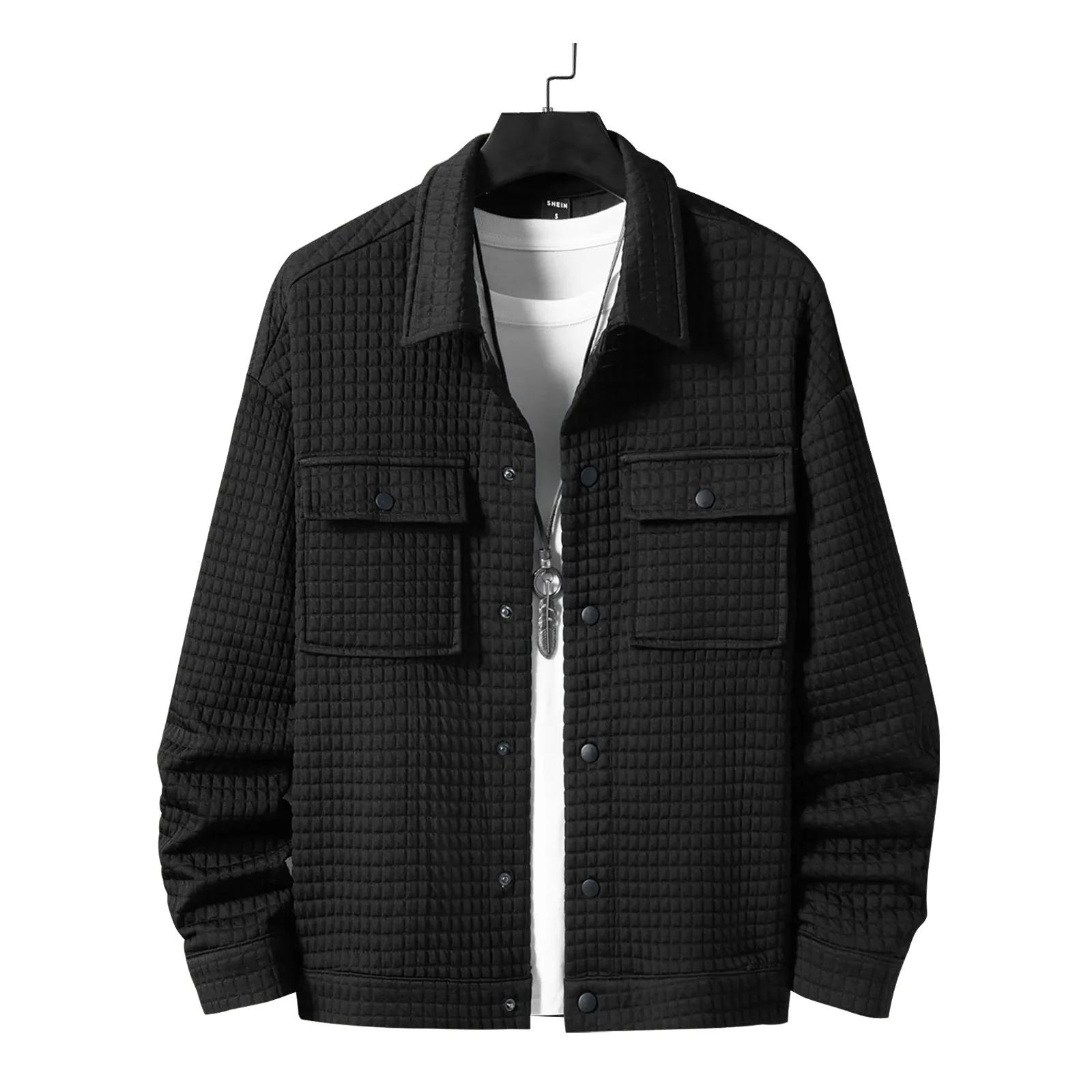 Men Spring Autumn Jacquard Plaid Shirt Jacket Casual Loose Long Sleeve Button‑Up Shacket Male Fashion Outerwear Streetwear Tops