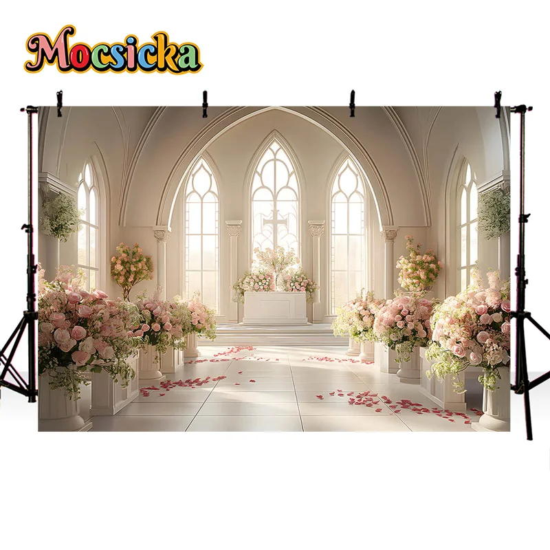 Mocsicka Photography Background Wedding Party Church Flower Cross Decor Backdrop Wedding Portrait Photo Banner Studio Props