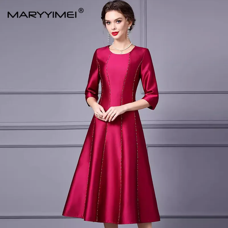 MARYYIMEI Women's Elegant Party Dress Beading Striped Half Sleeved High waist Autumn and winter Temperament M-4XL Dresses