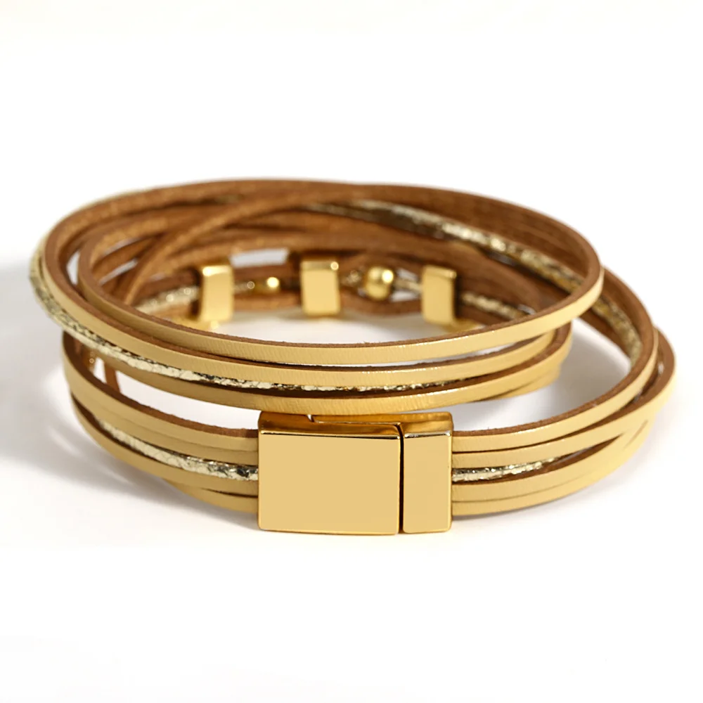 ALLYES Fashion Inlaid Rhinestone Metal Beads Leather Bracelet for Women Multilayer Slim Strips Wrap Bracelets Charm Jewelry
