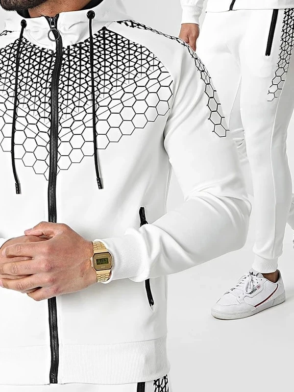 

Honeycomb Printed Men's Sweatirt Pants Set Casual Sportswear Long Sve Long Pants Autumn Season Teenagers Faion