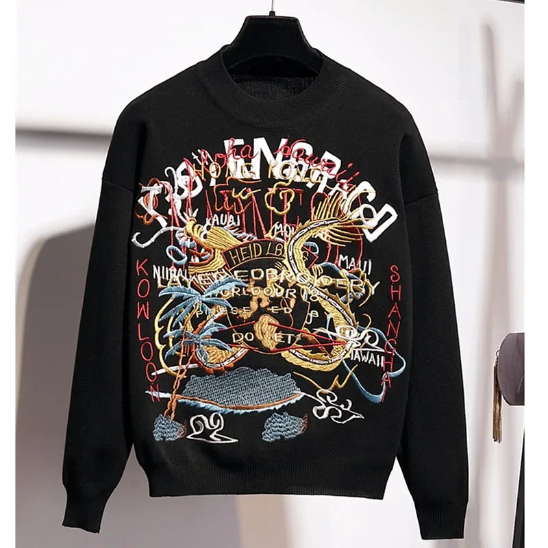 Black Tracksuit Knitted Outfits Women 2pc Tracksuit Letter Embroidery Sweater Pencil Pants Set Female Loose Knit Suit Streetwear