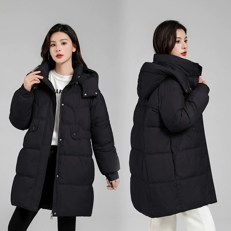 Women Clothing Hooded Long Down Cotton Coat Snow Zipper Casual Jacket New Winter 2025 Waterproof Parka Loose Warm Outwear Female