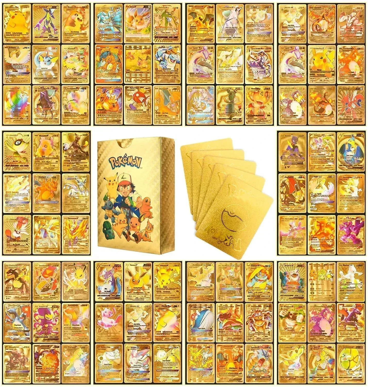 55PCS Pokemon Colorful Gold Foil Card Charizard Pikachu Arceus Diamond Rainbow English French German Spanish VSTAR GX VMAX Cards