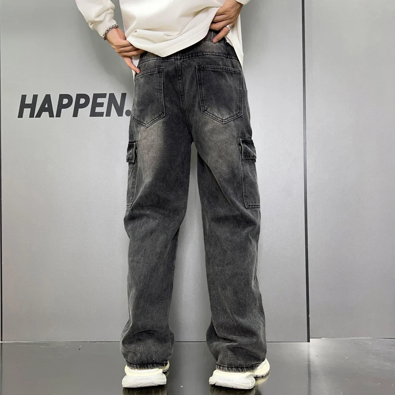 남성용 아메리칸 스타일 대형 포켓 데님, 하이 스트리트, 트렌디, 캐주얼, 느슨한 스트레이트 레그, 남성 의류