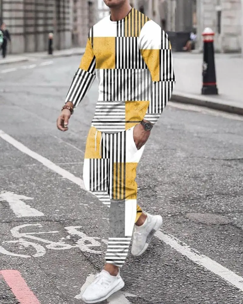 Men's Long Sleeve T-Shirts Sets Color Block Patchwork 3D Print Tshirt Pants Suit Fashion Street Tracksuit 2-Piece Jogger Outfits