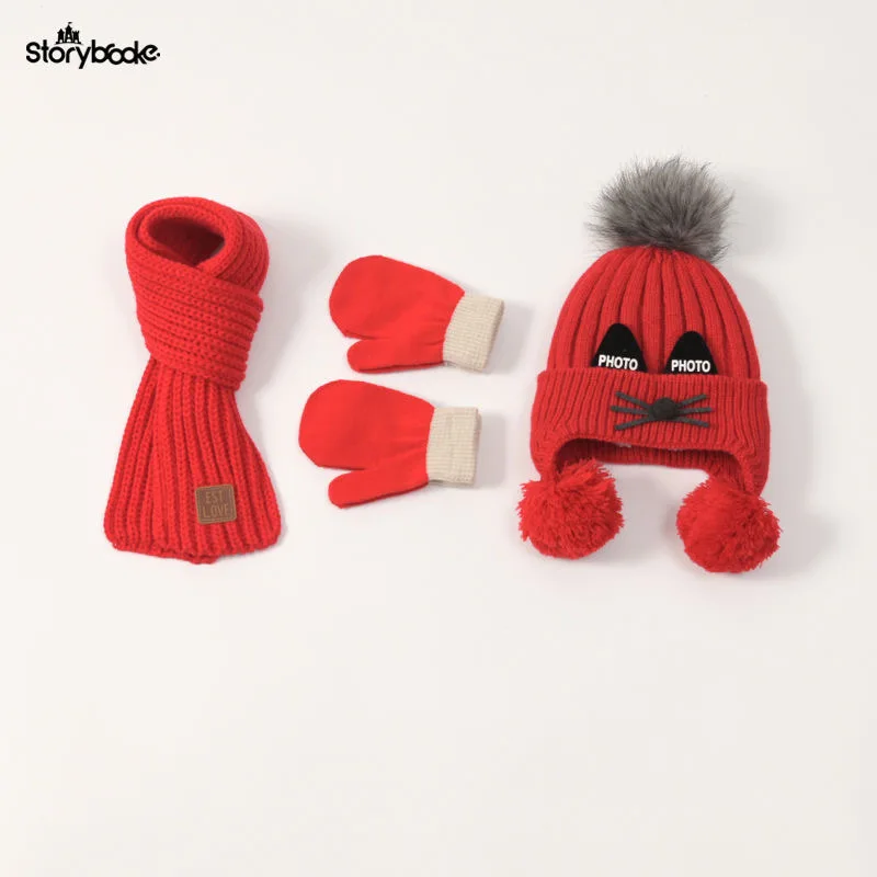 Hat scarf gloves Baby hat scarf gloves three-piece set Autumn/winter children's woolen hat boy/girl cartoon cat beard