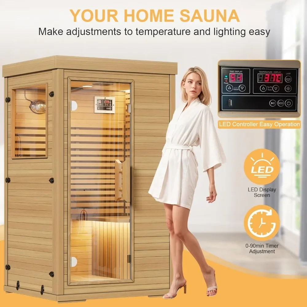 Far Infrared Home Sauna Room for 1 Person, Spa Saunas with Digital Controller, 2 Bluetooth Player, LED Reading Lamp, Saunas