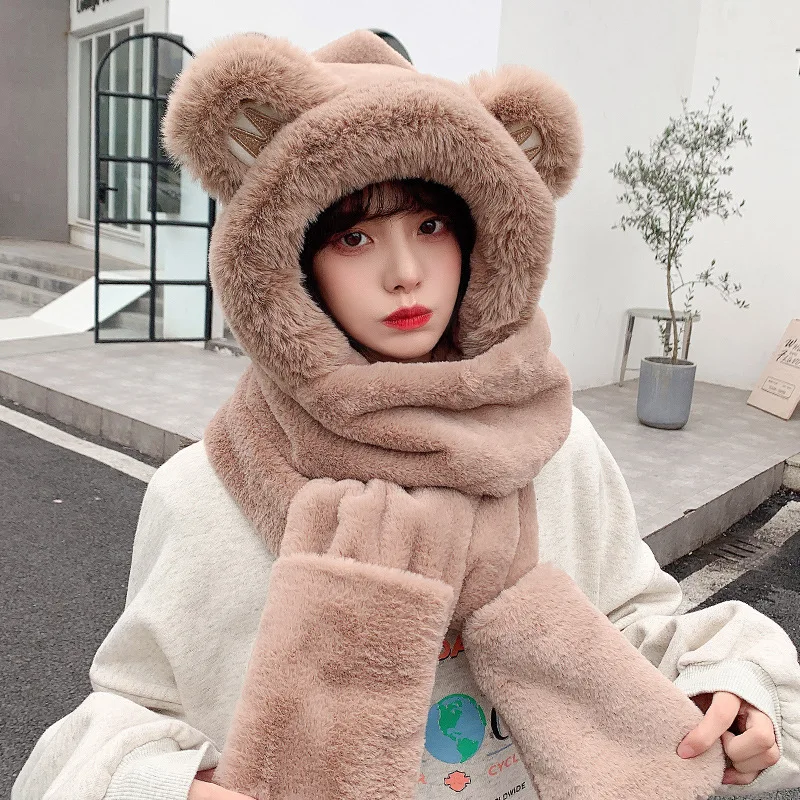 Hat Scarf and Gloves Three-Piece Set Winter Warmth Women's Fashionable Versatile Neckwarmer Korean Style Cute Embroidered Bear