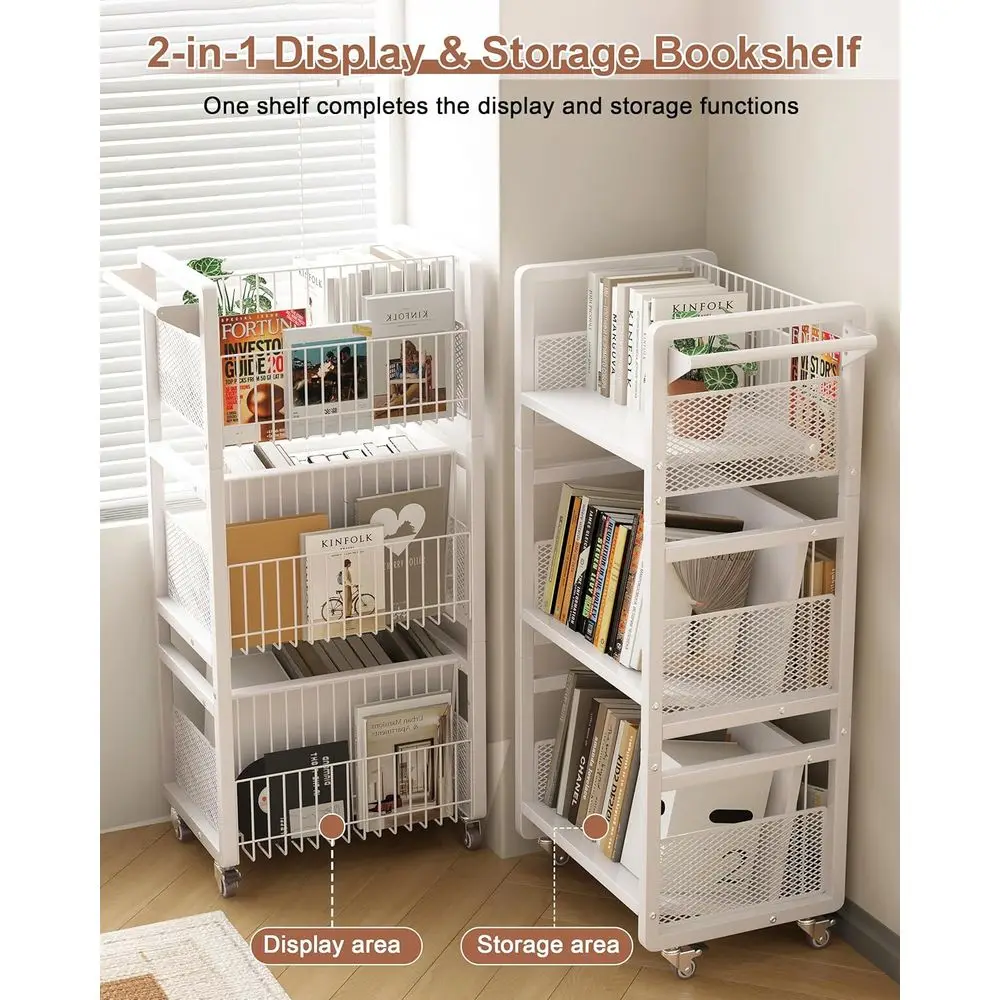 Book Cart Heavy Duty Double-Sided with Silent Wheels & 3 Magnetic Book Supports Rolling Bookshelf Library Book Truck for Home, O