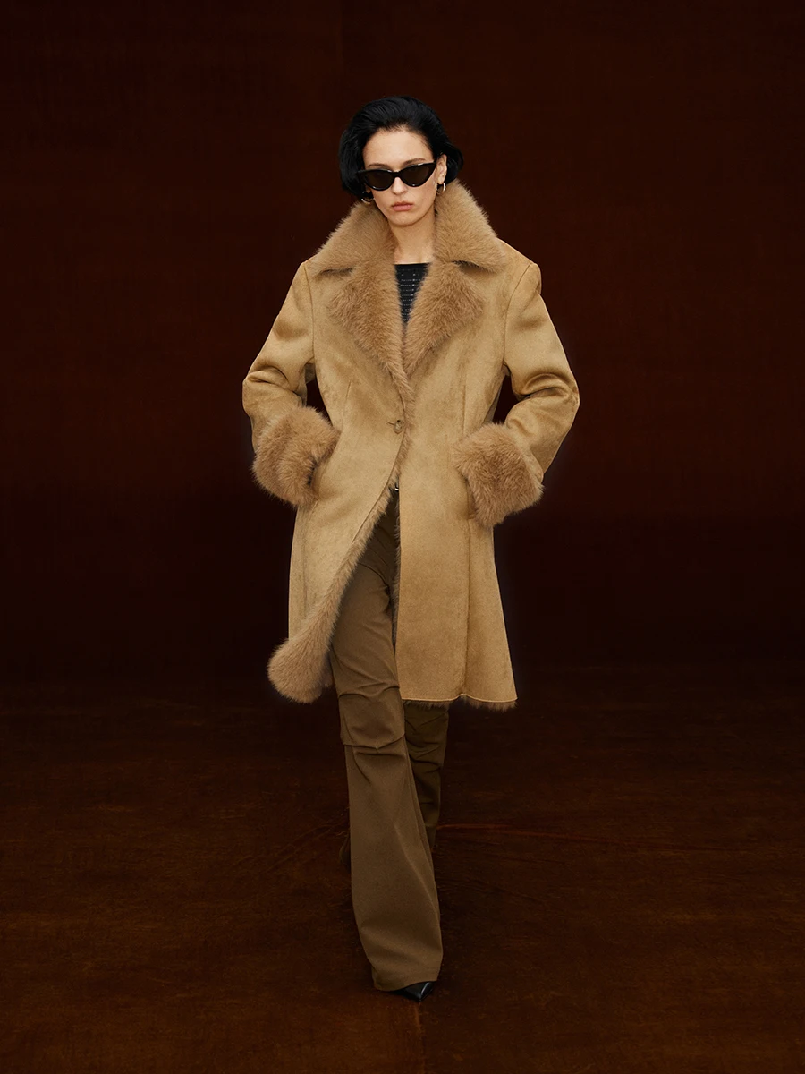 

Randpickee Retro Series Eco-Friendly Suede Fur Coat Waist-Cinching Notch Collar Jacket Long Sleeve Street Style Mid-Length