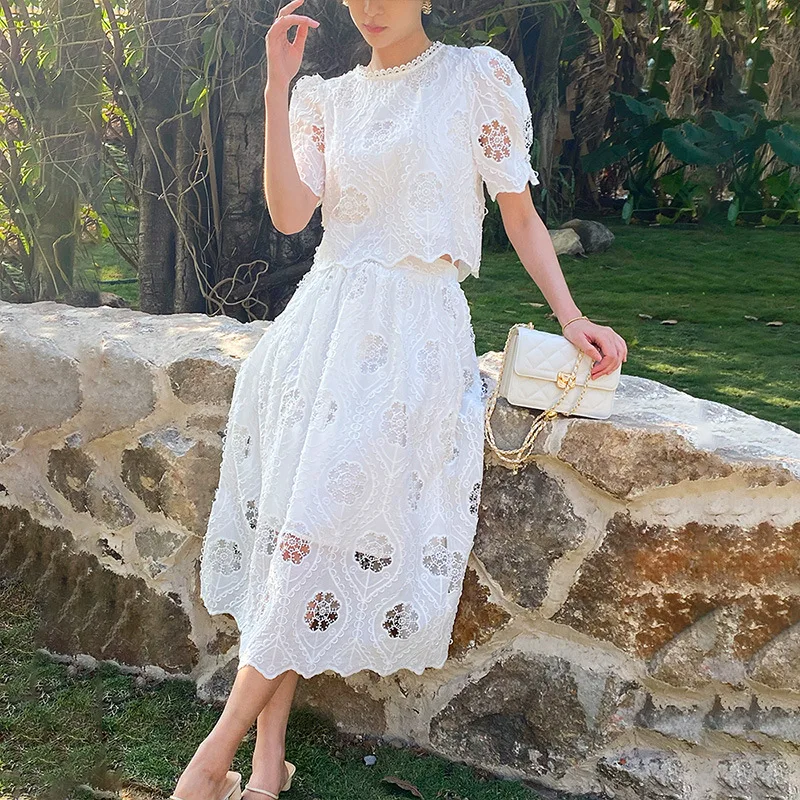 Embroidered Hollow Out Flower Skirt Set Elegant Vintage Two Pieces Holiday Casual Skirt Suit 2024 Summer New in Women Clothing