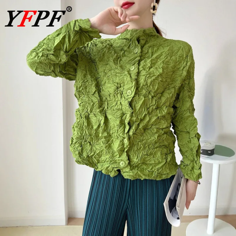 

YFPF нерегулярный плиссированный дизайн, топы, рубашка, женская модная однотонная блузка на пуговицах с длинными рукавами, дизайнерская осень 2024, новая одежда