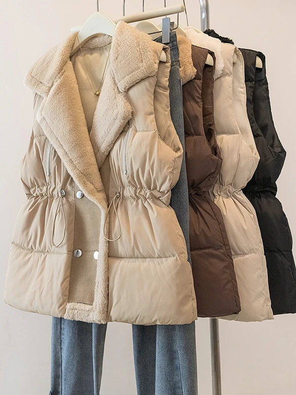 

Осень-зима, теплый хлопковый жилет с меховым воротником ягненка, женский хлопковый жилет больших размеров с завязкой на талии, двубортный цвет