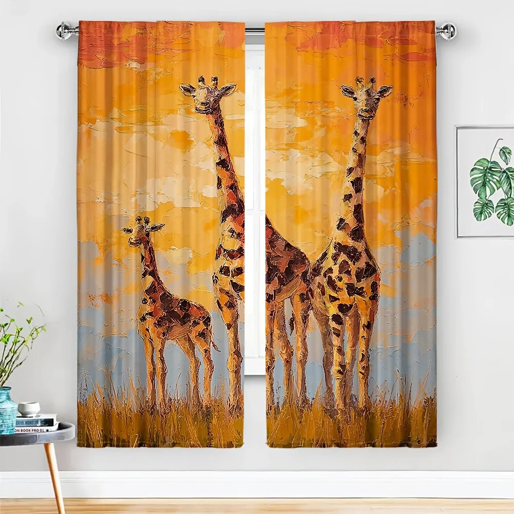 2pcs Giraffe Safari Animal Print Curtain Pair Tropical Sunset Savanna Pattern Drapes for Living Room Window Decor
