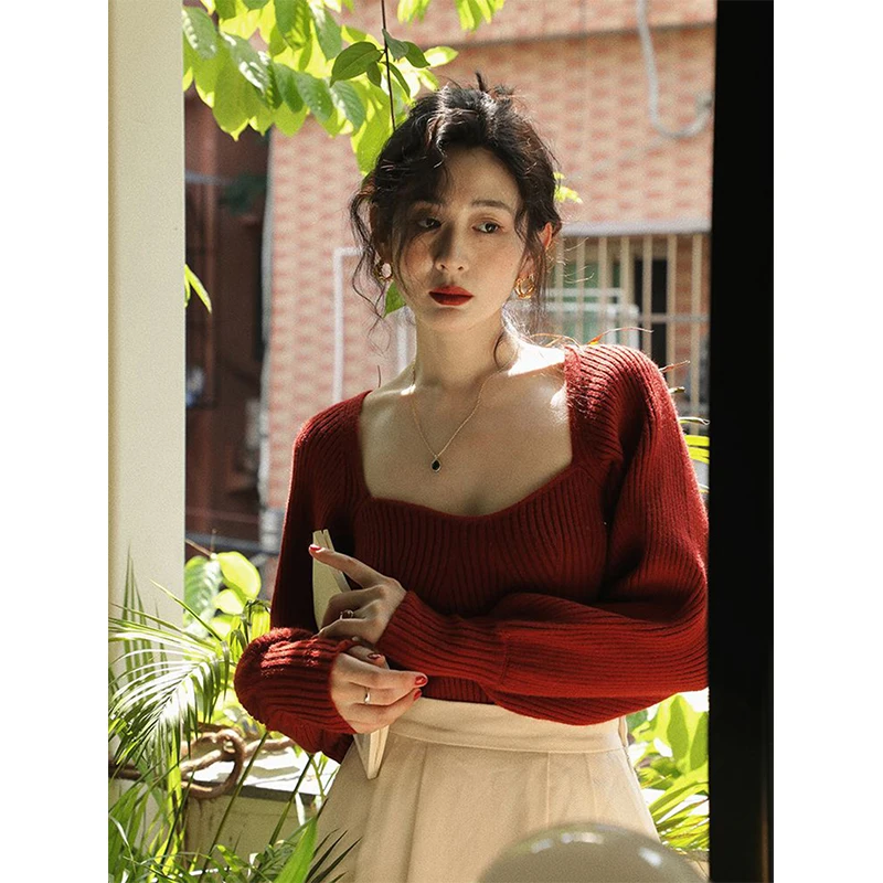 MEXZT Vintage Square Neck Sweater Women Elegant Solid Knitted Pullovers Korean Slim Knitwear Streetwear All Match Jumper Tops