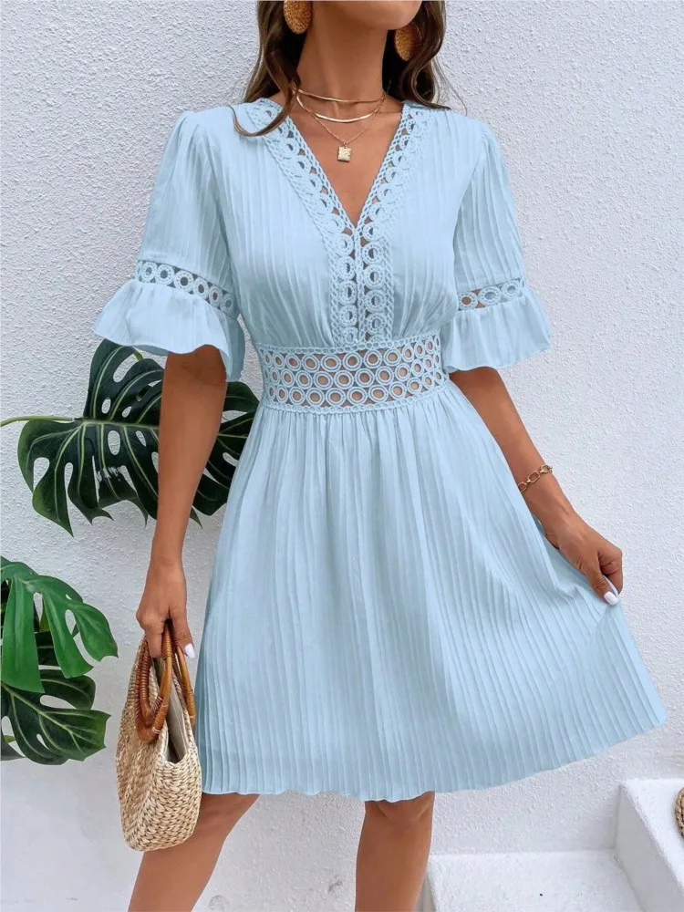 Women Elegant White Midi Dresses New Summer Lace Patchwork Casual Fashion Sexy V Neck Waistband Solid Tunic Party Dress Vacation