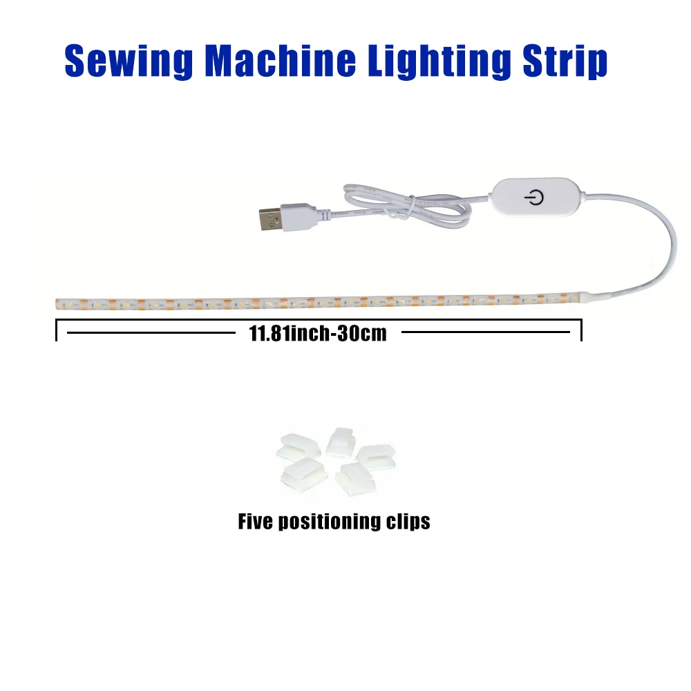 Touch LED light strip with adjustable brightness and five positioning snaps for sewing machines and cabinets.