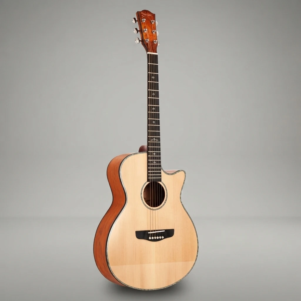 6 String Cutaway Acoustic Guitar Quilted Back Light Top Cross Inlay Chrome Tuners Bridge White Pins Glossy Body Slim Neck