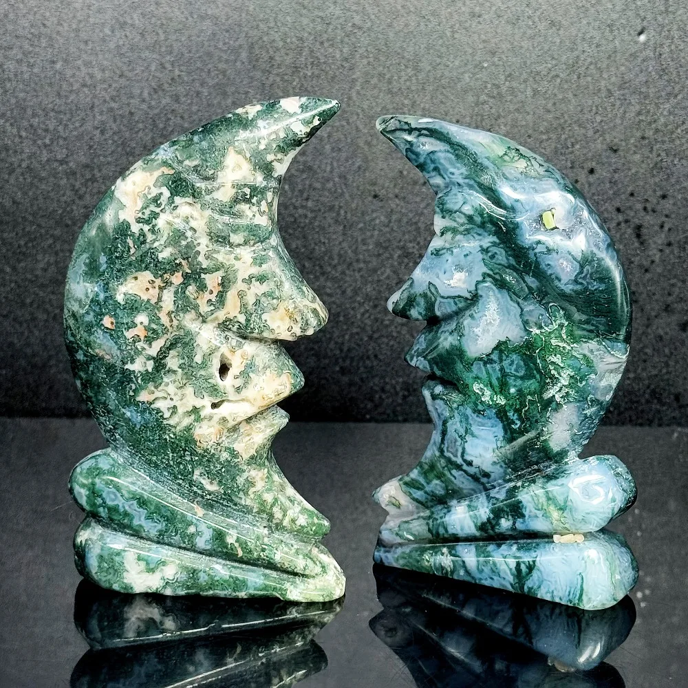 Moss Agate Moon Face Home Decoration Festival Gift Desktop Display Natural Stone Contains Irregular Cracks and Small Chips