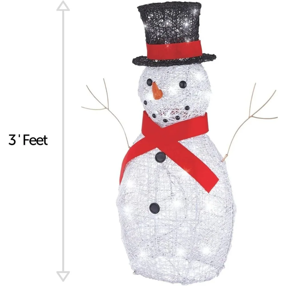 Lit Metal Snowman with Top Hat Christmas Decoration with Bright LED Lights, Outdoor Holiday Lawn Decoration, White with Red