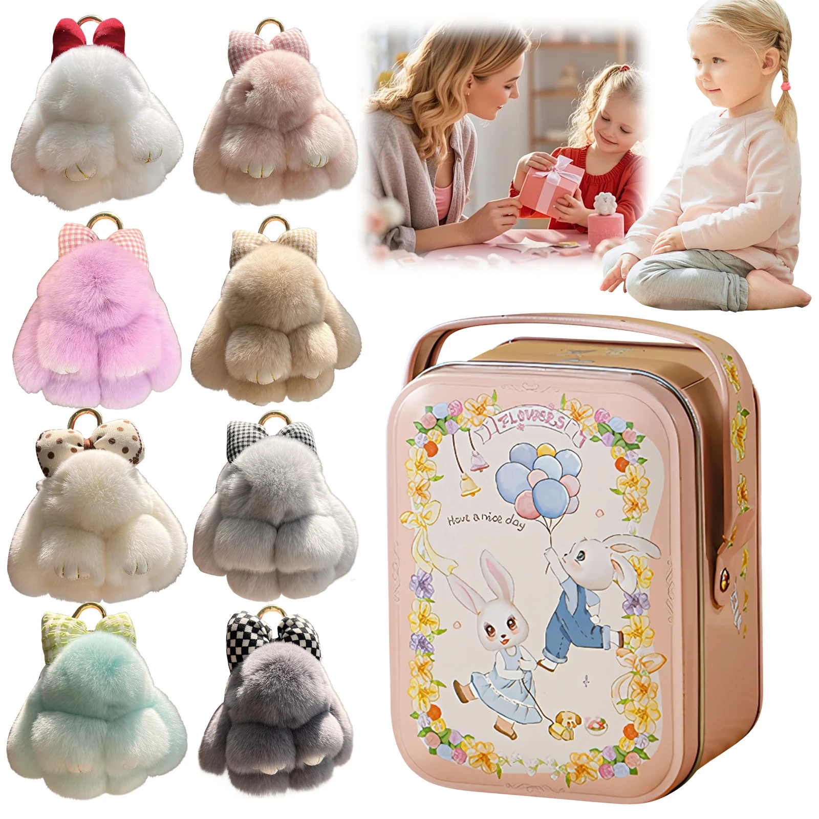 Bunny Lucky Keychains with Tin Box & Card Soft Fuzzy Rabbit Keychain Handmade for Women Car Bags Backpacks Easter Gift