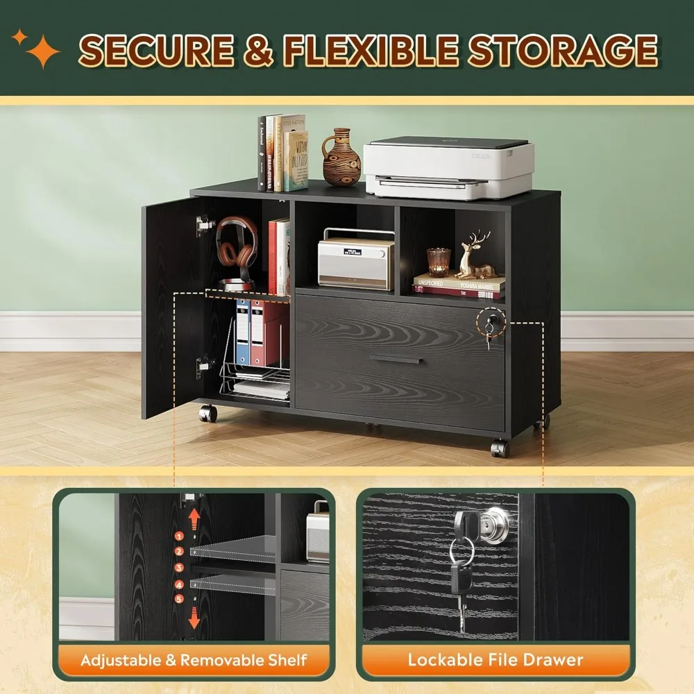 خزانة ملفات مكتب DEVAISE مع قفل، خزانة ملفات جانبية خشبية ذات درج واحد على عجلات، حامل طابعة مع أرفف تخزين مفتوحة f